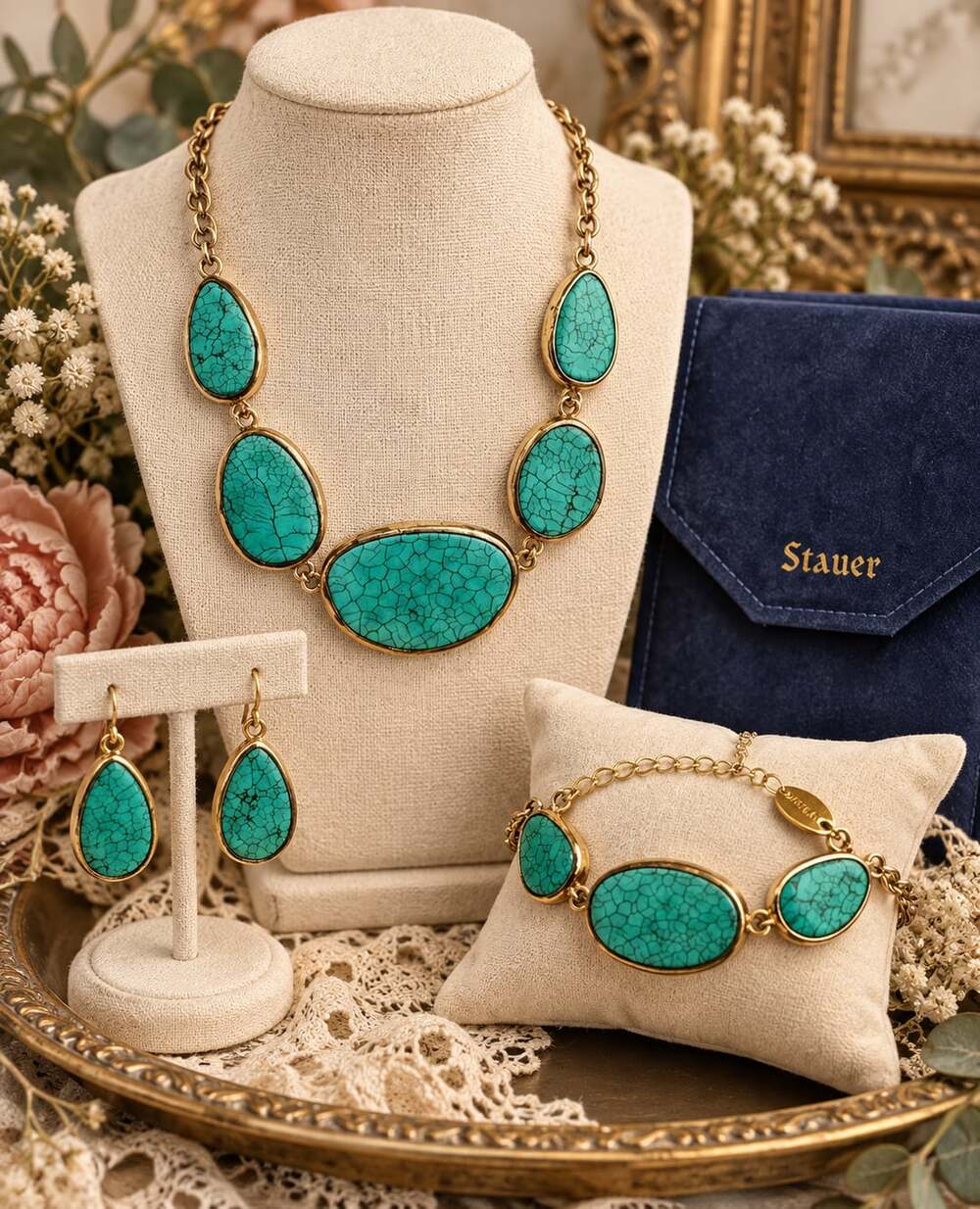 Vintage Stauer Jewelry Set Necklace Bracelet Earrings Case